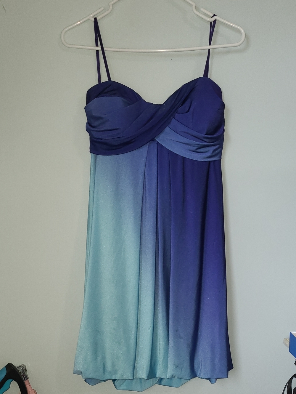Xscape Navy to Aqua Ombre Strapless Cocktail Dress. 12